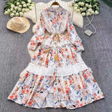 Fongt Retro Court Wind Hollow Lace Splicing Lantern Sleeve Collection Waist Single Buckle Print Dress 2025 Spring Dress