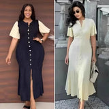 Fongt Elegant Knitted Dress Round Collar Single Buckle Horn Sleeve Fishtail Dress Medium Long Dress