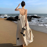 Fongt Design Handmade Three-Dimensional Embroidery Flower Cotton Linen Hollow Vacation Wind Sling Dress-Outfit