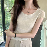 Minority Design Temperament Texture Fabric Spliced Shoulder Short-Sleeved T-Shirt Women's Summer 2024 New