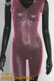 Sale Fishnet Bling Crystal Diamonds Dress Grid Sleeveless O Neck Sexy See Through Women Skinny Mini Dresses Night