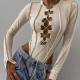Fongt Ebay Sexy Pure Desire Wind Hollow Out Belt Anti Car Splicing Long Sleeve Slim Onesie Women's