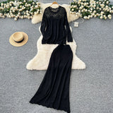 Fongt Wind High-End Sleek Crochet Knitting Set Of Women's Round Collar Long Sleeve Blouse High-Waisted Hip Skirt