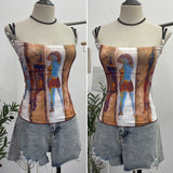Sexy Hottie Shoulder Strap Small Print Slimming Sling Vest Short Sleeveless Top