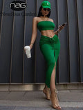 Sexy Two Piece Skirt Set Drawstring Ruched Cut out Split Tie up Midi Skirt And Top Set Women Strapless Tops White