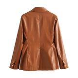 Fongt Women's Clothing 2025 Autumn New 2 Color PU Imitation Leather Double Row Buckle Long-Sleeved Blazer Women A19842
