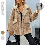 The Ins Hot Ladies Autumn Winter Loose Casual Bubffy Long Sleeve Large Lapel Double Pocket Plush Coat-Outfit