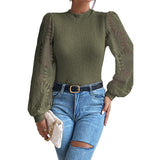 Fongt Round Collar Hollow Coated Women Autumn Fashion Pineapple Lace Splicing Sleeve Jersey Women