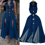 Fongt Collar Claved Open Waist Thin Sleeveless Single Buckle A Word Open Fork Denim Dress Casual Dress