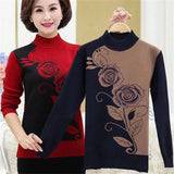 Autumn Winter Middle-aged Women Knit Sweater Print Pullover Turtlenecks Fleece Liner Warm Tops Mother Sweaters Base