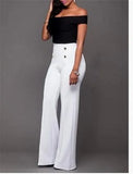 Fongt Early Autumn New Solid Color Bhabred Decorative Button Straight High Waist Broad Leg Female