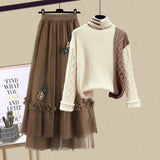 Winter Knitted 2 Piece Sets Women Long Sleeve Knitted Sweater And High Waist Mesh Long Skirts Sets For Women