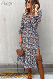 Winter Long Floral Print Dress Robe for Women 2023 Casual Long Sleeve Split Dress Female Boho Elegant Maxi Party