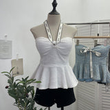 Small Fragrant Wind With Hanging Neck Bow Sling Vest Short High-Waist Shoulder Tector Blouse