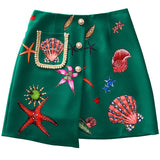 European Spring Summer Runway Fashion Skirt Women's High End Green Shell Print Pocket Beaded Pencil