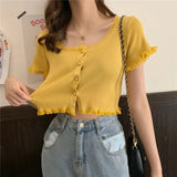 Women Patched Lace O-Neck Knitted Short Sleeve Thin Sweaters Cardigans Lady Single-breasted Buttons Sweater Crop Tops Female-Outfit