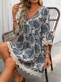 Fongt Fashion New WISH / Print V-Neck Lace Seven-Sleeve Dress