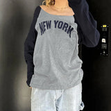 Fongt Style Patchwork Color Digital Print Long-Sleeved T-Shirt Loose Shoulder And Thin Top-Outfit