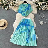Blooming Printed Skirt Suit Women's New Thread Temperament Half-high Collar Top + Pleated Skirt Two-piece Set-Outfit