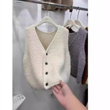 Solid Color Sleeveless Cardigan Knitted Vest 2024 Autumn And Winter New Style Folded Sweater Women's Dress-Outfit