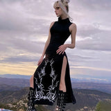 Dark Split Side Summer Dress Gothic Sexy Slim Turtleneck Sleeeveless Long Dresses For Women 2021 Party Night Club