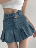 Buckle Belt Pleated Denim Mini Skirt-Outfit
