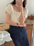 Fongt Summer New Temperament Square Collar Collar Collar Collar Collared Collared Collared Pure Color Thin Jasmine Knitted Women's Top