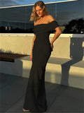 Knit Off-Shoulder Pleated Wrap Maxi Dress-Outfit