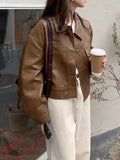 Vintage Lapel Neck Pocket Loose Short Leather Jacket-Outfit