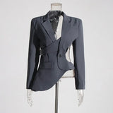 Fongt Niche Style Suit Women's Clothing 2025 Autumn And Winter New Asymmetrical Hollow Bare Waist Repair Small Suit Jacket Woman