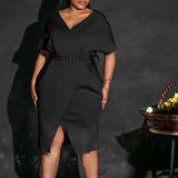 Fongt With Belt Women's New Fashion V-Neck Sexy Open Fork Dress Dress Dress Dress