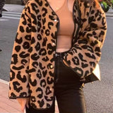 Brown Leopard Fur Integration Jacket Women Loose Button Up Oversized Coats Winter Clothes Korean Style Hot Girls