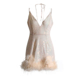 2025 Sexy Deep V-Neck Slid Strap Design Splicing Ostrich Hairy Sling Dress