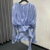 Fongt Temperament Sweet Wind Dress Woman 2025 Spring New Fashion Collar Collar Folds Solid Color Short Skirt