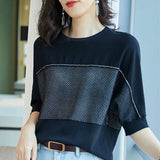 Casual Batwing Sleeve Loose T-shirt Korean Solid Color Spliced Female Clothing Fashion Diamonds O-Neck Knitted Pullovers-Outfit