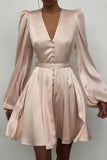V Neck Puff Long Sleeve Mini