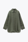 Women's blouse blouse long sleeve lapel side slit hem linen blouse