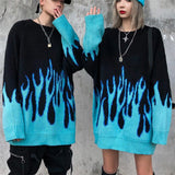 Winter Autumn Sweater Women Men Casual Long Sleeve Blue Flame Oversized Pullover Sweater Loose Boyfriend