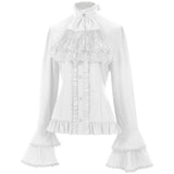 French Style Solid Shirt For Women Stand Flare Sleeve Lace Embroidery Ruffles Bandage Design Gothic Black Shirts Top-Outfit