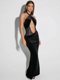 Black Cut Out Halter Velvet Maxi Dress-Outfit