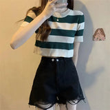Fongt Classic Bump Striped Short-Sleeved Ice Silk Knitted Women's Summer T-Shirt Short Repair Small Shirt