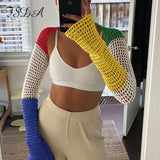 Patchwork Sexy Crop Top Long Sleeve Backless Summer 2021 Vintage Beach Knitted T Shirt Casual Party