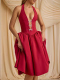 Fongt Spring And Summer New Hanging Neck Bow Deep V Bare Back Sexy Poneng Dress LX0116