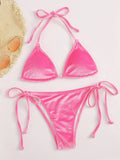 Velvet Bikini 2022 Mujer Women Solid Pink Push Up Thong Swimsuit Cut Out Bandage Bathing Suit Micro Swimwear Beach