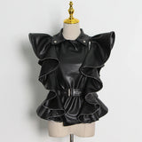 Casual Patchwork Leather Coats For Women Lapel Ruffles Sashes Short Slim Jackets High Street Female 2022 Spring