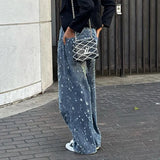 Fongt Style Cool Sister Personality Broken Hole Do Old Jeans Low Waist Wash Water Bump Color Casual Pants-Outfit