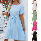 Summer New Round Collar Short Sleeve Tie Pleated Skirt Casual Dress-Outfit