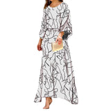 Fongt Women's Summer New Loose Print Long-Sleeved Top High Waist Half-Body Large-Size Dress Set