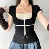 Fashion Winter Ebay Color Splicing Lace Square Tie Fresh And Sweet Blouse