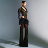 Fongt Sexy Lace Stitching Deep V Long Sleeve Top Slim See-Through High Waist Bell Bottoms Women's Suit-Outfit